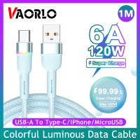 VAORLO สายชาร์จเร็ว120W Type-C/microusb อะลูมินัมอัลลอยสายส่งข้อมูลสามารถใส่ได้กับ iPhone สายสายชาร์จแบตเตอรี่แบบสายถัก IOS