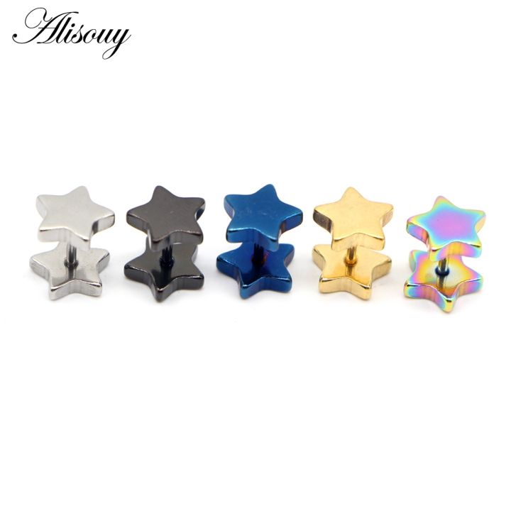 alisouy-2pcs-new-unisex-stainless-steel-barbell-ear-stud-classic-five-pointed-star-earrings-screw-back-ear-piercing-body-jewelry