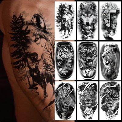 【YF】 Temporary Tattoo Sticker For Men Women Forest Big Tiger Lion Wolf King Arm Cool Art Black Fake Animal Body Tatoo