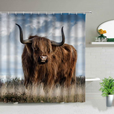 Highland Cow Theme Shower Curtains 3D Print Waterproof Cloth Wildlife Animal Bathroom Curtain Set Bathtub Art Decor With Hooks