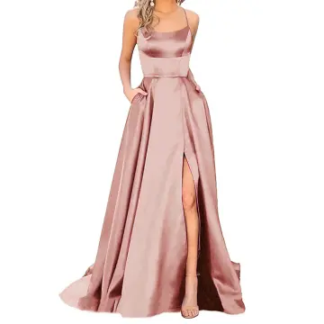 Prom Dresses Ladies Long Women Elegant Halter Backless Long Dressescrisn  Satin Spaghetti Party Prom Dress Side Slit Wedding Evening Party Dress With  Pockets 