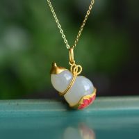 【cw】 Collier de gourde en blanc naturel Hetian pendentif émail chinois Vintage exquis cadeau bijoux argent pour femmes ！