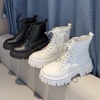 HOT★ผู้หญิงใหม่สีขาว PU หนัง Lace Up Combat Booties หญิงฤดูใบไม้ร่วงฤดูหนาวแพลตฟอร์มรองเท้าคาวบอยรองเท้า