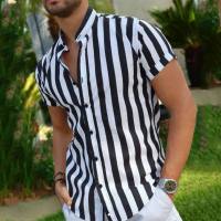 Autumn fashion button mens shirt loose street casual short-sleeved striped mens shirt stand-up collar top shirt