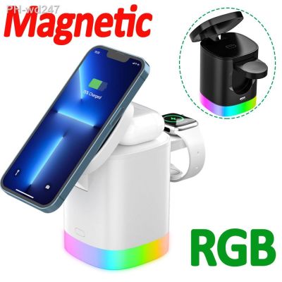 3 in 1 Magnetic Wireless Charger Stand RGB Light Phone Fast Charging Station For iPhone 14 13 12 Pro Max AirPods Pro iWatch 8 7
