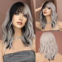 NAMM Silver black Wavy Wig for Woman Daily Party Cosplay Middle Part Natural Synthetic Hair Wig Heat Resistant Fiber Wig  Hair Extensions Pads