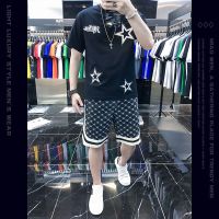 【Hot Sale】 European hot diamond niche casual short-sleeved suit mens trendy brand 2023 summer new two-piece