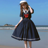 2021 Lolita Japanese Summer Sweet Retro Navy Dress Bow-knot Collar Cotton Kawaii Preppy Style Short Sleeve Dress Women Sailor