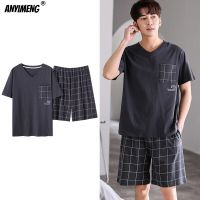 HOTDropshipping ชุดสำหรับบุรุษผ้าฝ้ายชุดนอนสวมใส่ขนาดใหญ่3xl 4xl Pijamas Para Hombre ฤดูร้อนกางเกงขาสั้นผ้าฝ้ายชุดนอน