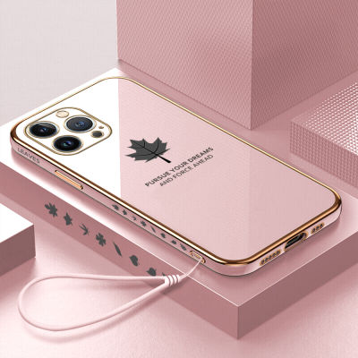 GGK เคสสำหรับ Apple iPhone 15 Plus 15 Pro 15 Pro Max ปลอกชุบเคสโทรศัพท์แบบนิ่มลายฟรีสายคล้องใบเมเปิลขอบสี่เหลี่ยมหรูหรา