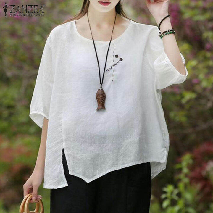 สินค้ามาใหม่-จัดส่งฟรี-fancystyle-zanzea-เสื้อยืดผ่าข้างฝ้ายลินินสำหรับผู้หญิงเสื้อสูงต่ำเย็บลายดอกไม้ย้อนยุค-8