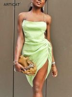 ¤ Articat Casual Ruched Backless Dress For Women Spaghetti Strap Sexy Solid Streetwear Female Bandage Dresses Beach Vestidos