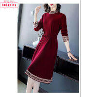 IMIXCITY ผู้หญิงแขนยาวชุดฤดูหนาว Warm Fleece Lined Mid-Length กระโปรง Elegant Lace-Up Slimming Pullover Dress