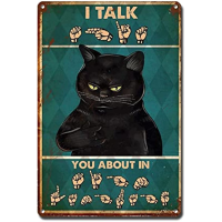 Boho Decorations For Home - Metal Sign Wall Art Featuring Black Cat Speaking Sign Language-เหมาะสำหรับร้านอาหารโรงรถหรือแผ่นตกแต่งบ้าน