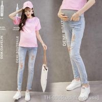 □ Jeans skinny de maternidade bordada rasgada calça lápis barriga roupas finas para mulheres grávidas verão