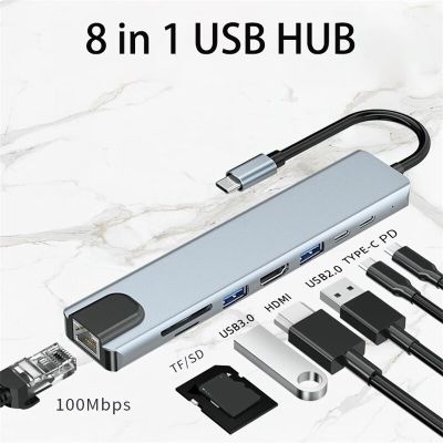 8 In 1 Hub USB 3.0 Type C แท่นวางมือถือ RJ45 Tf/sd Card 4K ตัวแยกหัวแปลงสัญญาณ HDMI สำหรับ MacBook Windows อุปกรณ์คอมพิวเตอร์ Feona