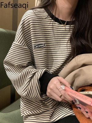 เสื้อยืดลายทางสไตล์เกาหลีสำหรับผู้หญิงเสื้อยืดแขนยาวผ้าฝ้ายเสื้อโอเวอร์ไซส์ธรรมดา2023ฤดูใบไม้ผลิ