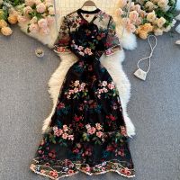 New Arrival Runway Womens Fashion Contrast Bow Tie Short Sleeve Slim Floral Embroidery Flower Dress Elegant Vestidos De Mujer