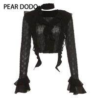 PEAR DODO คาร์ดิแกนตาข่ายแบบบางสไตล์เกาหลีเสื้อยืดสั้นแขนยาว