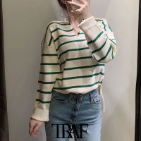 TRAF Women Fashion Striped Oversize Knitted Sweater Vintage Long Sleeve Side Vents Female Pullovers Chic Tops