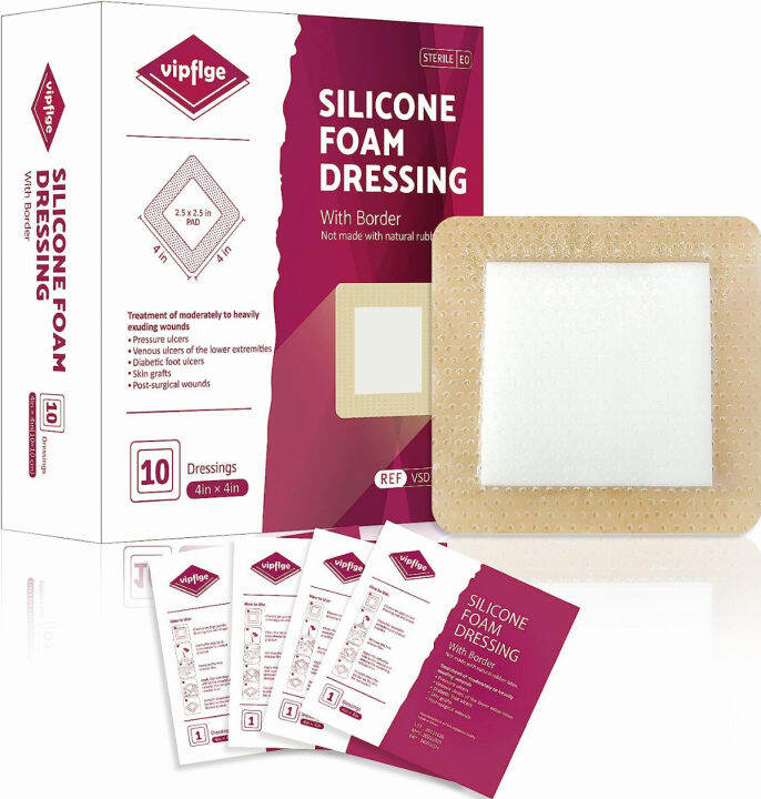 Vipflge Silicone Foam Dressing with Gentle Adhesive Border 4'' x 4'' 10