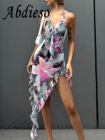 Abdieso Ruffles Summer Print Sexy Backless Midi Bodycon Dress Women Off Shoulder Fashion Halter Sleeveless Party Dresses 2023