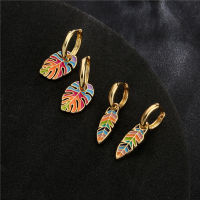 Colorful Leaf Monstera Hoop Earrings Jewelry for Women Piercing Woman Earring Accessories Bijouterie Female Gift Gold Plated