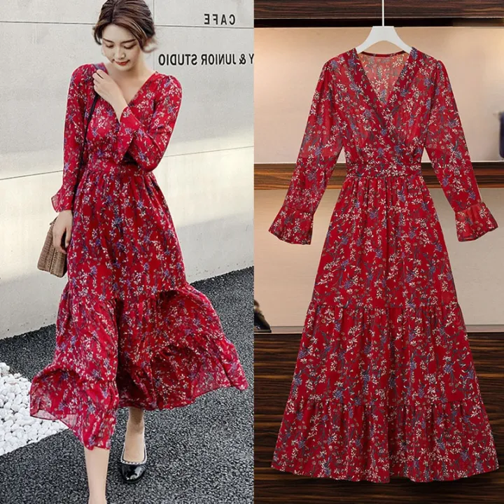 Newdressing Floral V Neck One Piece Dress Spring Autumn Winter Dress Long Sleeve Ladies High Waist Dress Lazada Singapore