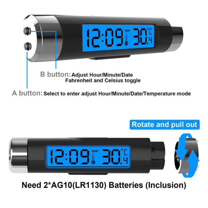 2-in-1อิเล็กทรอนิกส์นาฬิการถเครื่องวัดอุณหภูมินาฬิกาเวลานาฬิกาอัตโนมัติส่องสว่างจอแอลซีดีจอแสดงผลดิจิตอลแดชบอร์ดอุปกรณ์จัดแต่งทรงผม