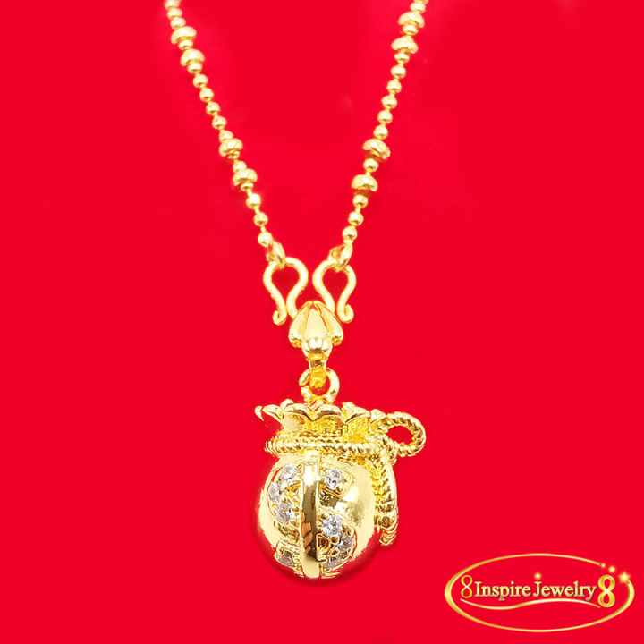 inspire-jewelry-ชุดเซ็ท-สร้อยคอทอง-งาน-design-หุ้มทองแท้-24k-ขนาด-18-นิ้ว-และจี้ถุงทองฝังเพชร-หุ้มทองแท้-24k-สวยหรู-พร้อมกล่องทอง