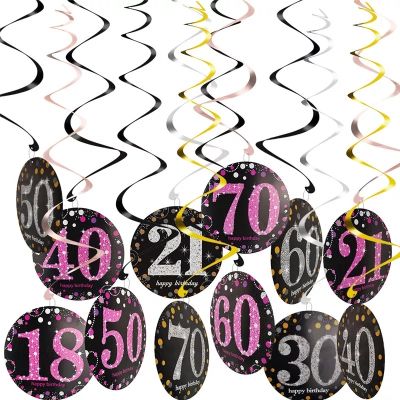 ❧► 6pcs/pack Happy Birthday Swirl 1 18 21 30 40 50 60 70 Years Old Birthday Spiral Hanging Ornaments Baby Shower Decoration