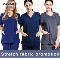 ANNO Medical Scrub ชุด Non Sticky Hair Pet Hospital Uniform Clinical ชุดพยาบาลผ่าตัดเสื้อผ้าเสื้อกางเกง Spandex Streth Farbic Medico พยาบาล Tunic