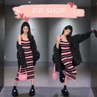 DD SHOPพร้อมส่ง N014 ชุดเดรสไหมพรมกระโปรงยาว ดีเทลลายสีชมพูน่ารักมาก  -C