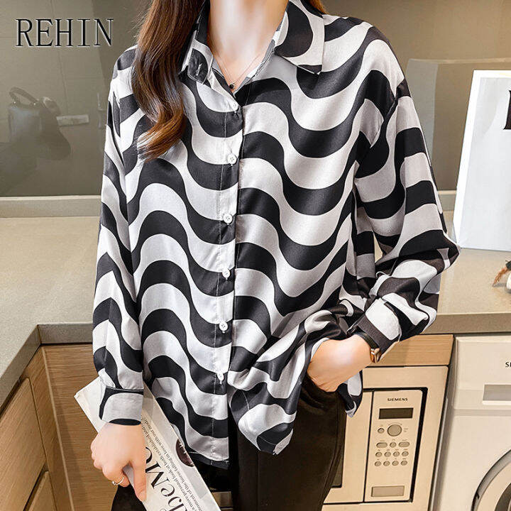 rehin-women-s-to-french-niche-design-wave-pattern-loose-long-sleeved-shirt-lapel-work-wear-chiffon-blouse