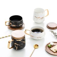 300Ml Luxury Matte Ceramic Marble Tea Coffee Cups And With Wood Saucers Black And White Gold Inlay Ceramic Cups