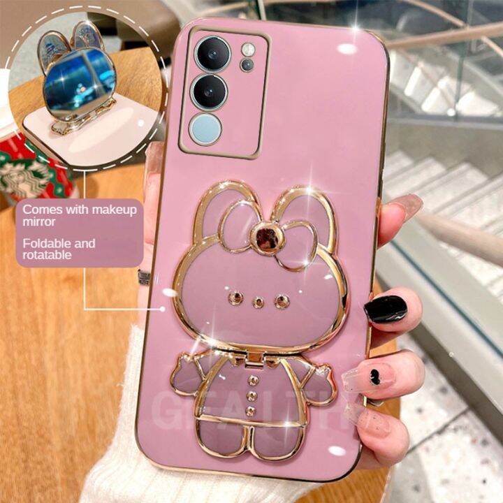 เคสโทรศัพท์สำหรับ-vivo-v29-v27-v27e-v25e-v25-v23-v23e-y36-y27-y78-5g-4g-กระต่ายที่ยึดกระจกพับแต่งหน้ากระต่ายชุบเรียบ-vivo-v29ป้องกันเลนส์กล้องเคสโทรศัพท์