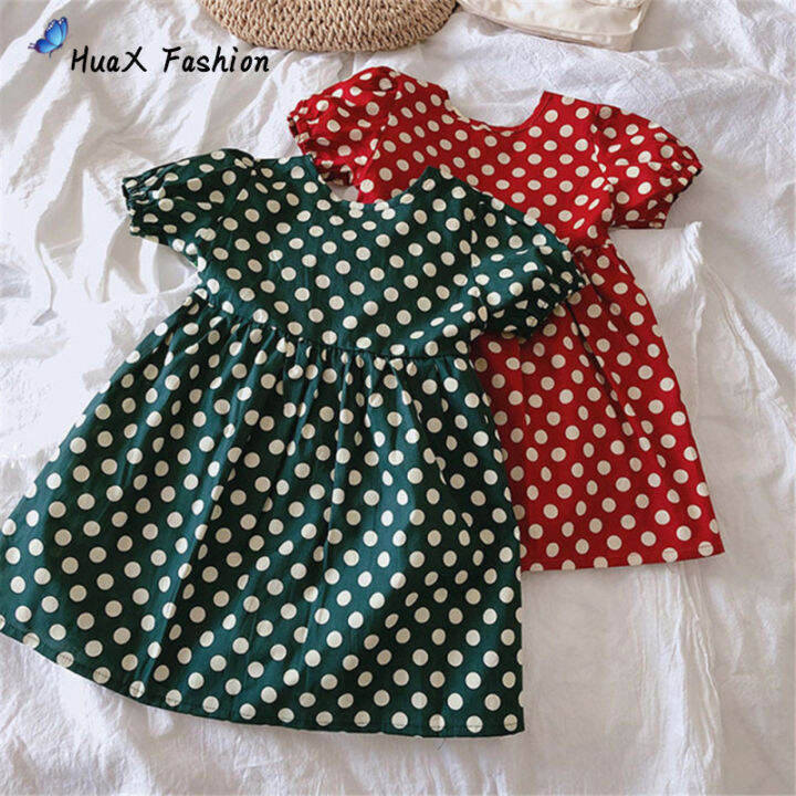 huax-สาว-polka-dot-ผ้าฝ้ายแขนสั้นชุดเดรสเรโทรสำหรับ2-7ปี