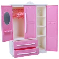 1 Set Lovely Plastic Cloest Wardrobe with Mirror + 10 Pink Hangers for Barbie Doll Bedroom Set Toy