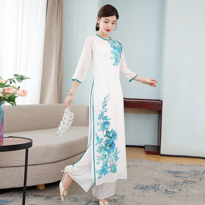 2022ผู้หญิงสไตล์จีนจีนย้อนยุคมือวาดชุด Cheongsam กางเกงขากว้าง Ao Dai ชุดสองชิ้น