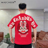 MAYCHEER เสื้อยืดแขนสั้นผู้ชาย,สไตล์จีนกระต่ายปีนี้เสื้อคู่นักเรียนใหม่คอกลมแขนครึ่ง