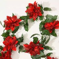 1.8M ประดิษฐ์ Holly Leaf Vine Red Berries คริสต์มาสจำลองหวายประดิษฐ์ Poinsettia Ivy Leaf Garland พืช Xmas ตกแต่ง