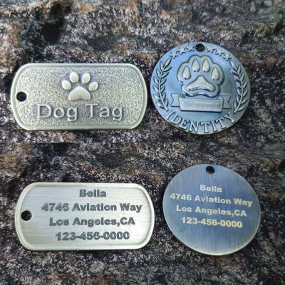 【DY】Military/Round Pet Dog Tags Personalized Gold Brass Engraved Name ID Collar Tag