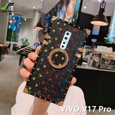 JieFieสำหรับVIVO V17 Proแฟชั่นที่มีสีสันรูปหัวใจโทรศัพท์กรณีShineเพชรTPUซิลิโคนสแควร์โทรศัพท์ปกหลังพร้อมขาตั้งพับ