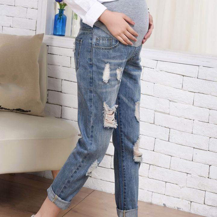 กางเกงยีนส์เสื้อผ้าสำหรับหญิงตั้งครรภ์กางเกงให้นมเลกกิ้งผ้ายีนส์พรอบเบลลี่ยาวใหม่