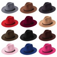 A5TG วินเทจ ปีกกว้าง พร้อมหัวเข็มขัด หมวกแจ๊สปานามา Outback Hat หมวก Fedora สักหลาด หมวกคาวบอย