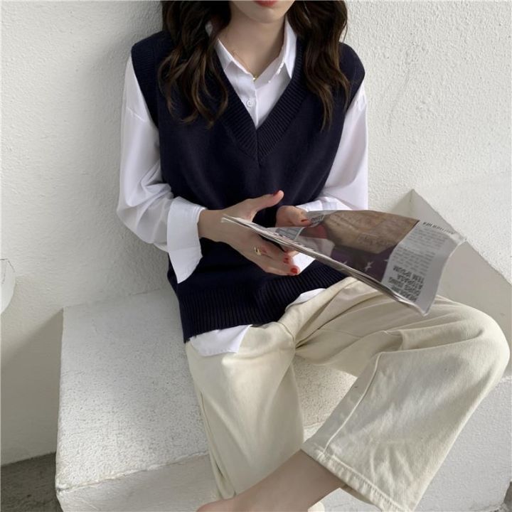 แฟชั่น2023-เสื้อกั๊กถักคอวีแขนกุดผู้หญิง-เสื้อกั๊กเสื้อคาร์ดิเกนแบบหลวมเกาหลีอินเทรนด์