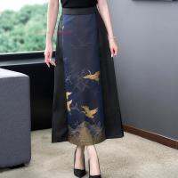 2023 Women Vintage Skirt Chinese National Crane Print Folk A-Line Skirt Retro Elastic Waist Satin Long Skirt Feminino Streetwear