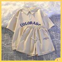 COD ชุดออกกําลังกายผู้หญิง ชุดออกกําลังกาย Preppy polo sportswear suit womens summer loose running salt shorts loose casual two-piece set ชุดว่ายน้ํา