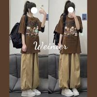 □♙ Summer school of new leisure suit female students retro fit printing short sleeve T-shirt feet pants two-piece beam