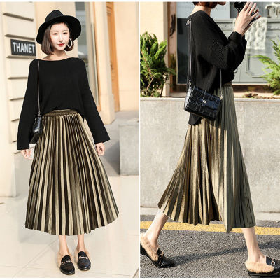 Gold velvet pleated skirt womens skirts 2021 spring and autumn new Korean A-line skirt high waist mid-length umbrella skirt